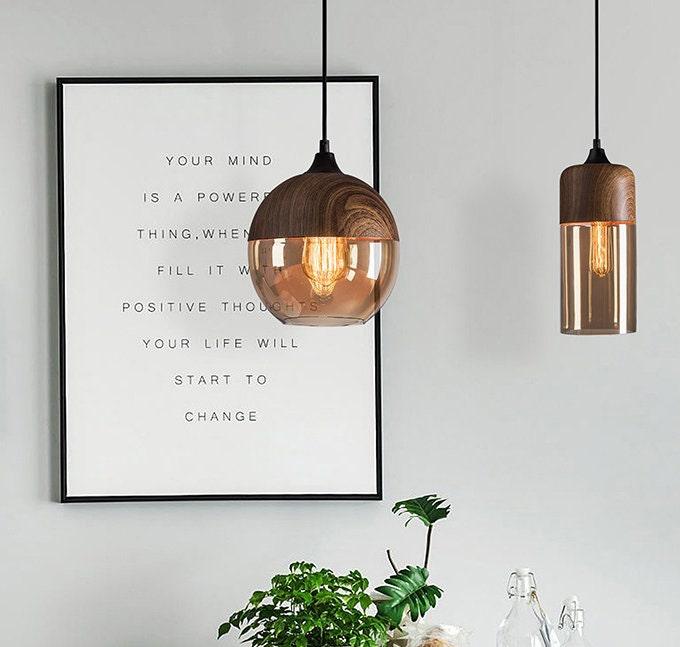 Rustic Metal LED Pendant Lamp with Wood Tone Glass Shade