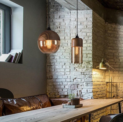 Rustic Metal LED Pendant Lamp with Wood Tone Glass Shade