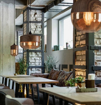 Rustic Metal LED Pendant Lamp with Wood Tone Glass Shade