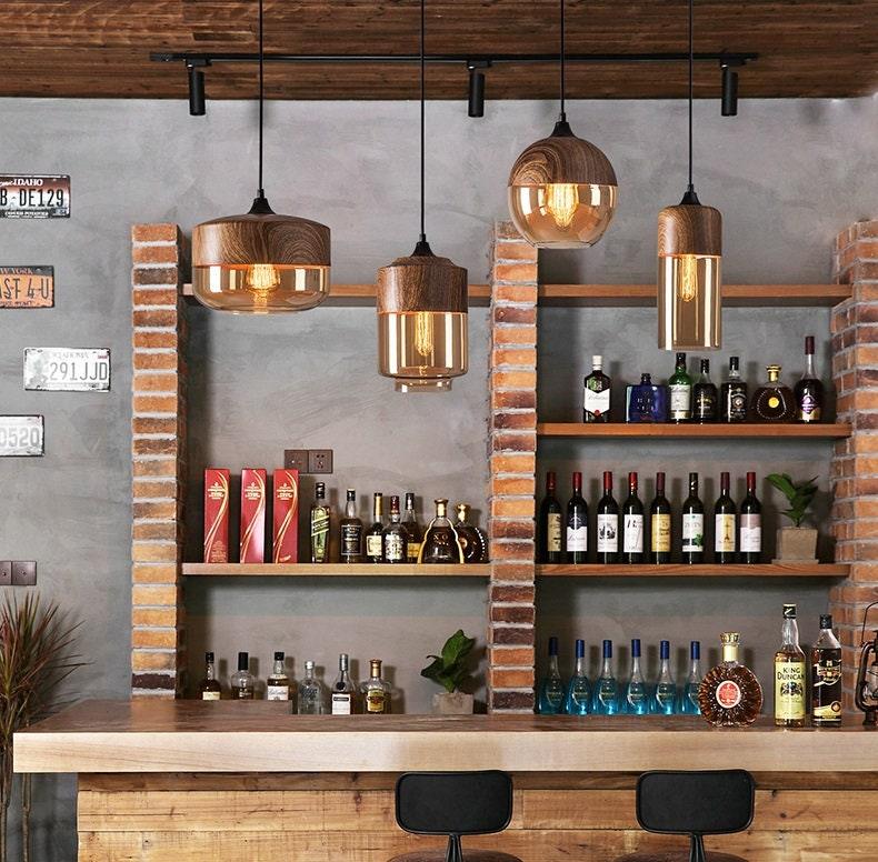 Rustic Metal LED Pendant Lamp with Wood Tone Glass Shade