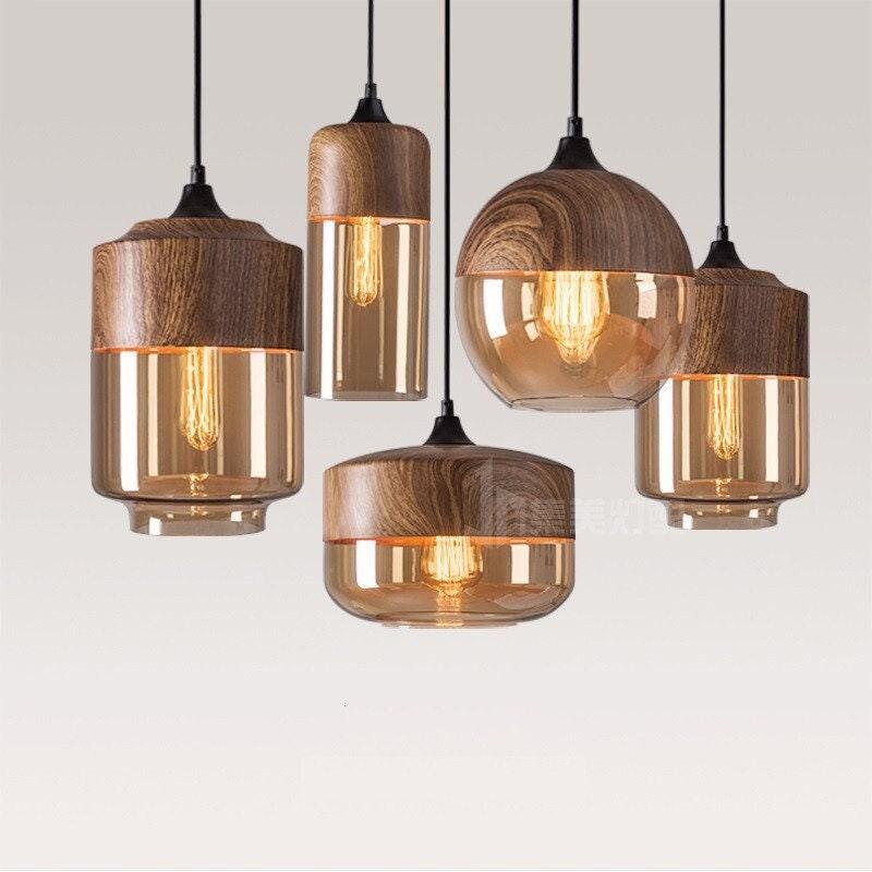 Rustic Metal LED Pendant Lamp with Wood Tone Glass Shade - Lusomart