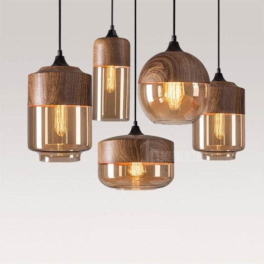 Rustic Metal LED Pendant Lamp with Wood Tone Glass Shade - Lusomart