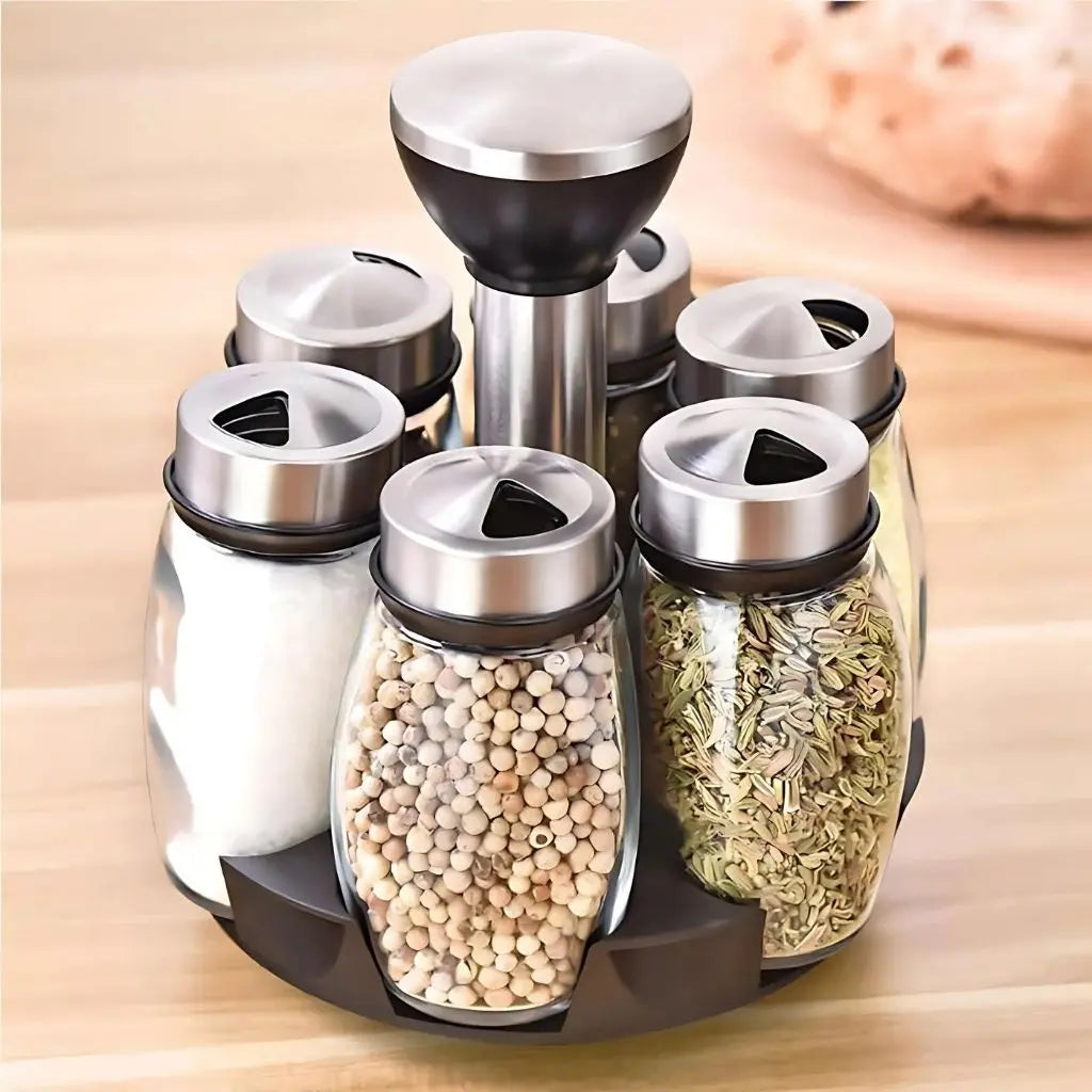 Rotating  base spice organizer with 6 glass jars for easy countertop access