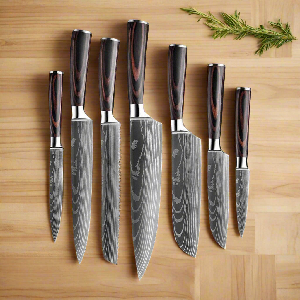 Premium 7-Piece Stainless Steel Knife Set, Wooden Handles - Lusomart