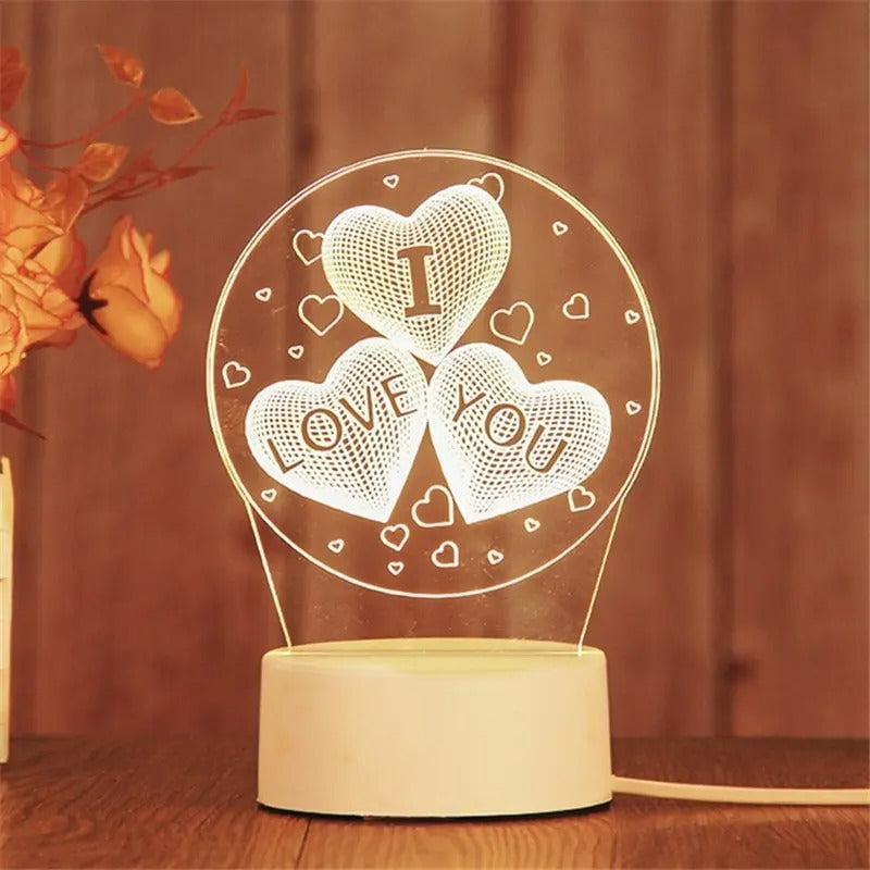 Romantic LED Heart Table Lamp Wooden Base Valentine Gift - Lusomart