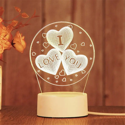 Romantic LED Heart Table Lamp Wooden Base Valentine Gift - Lusomart