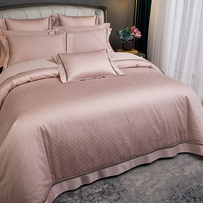 Luxurious Pink Cotton Bedding Set with Diamond Pattern