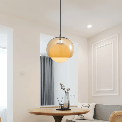 Soft Glass Pendant Light With Natural Wood Tone Shade