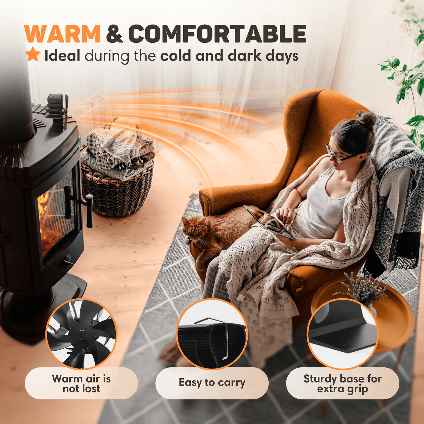 Automatic Wood Stove Fan with Thermometer for Air Circulation