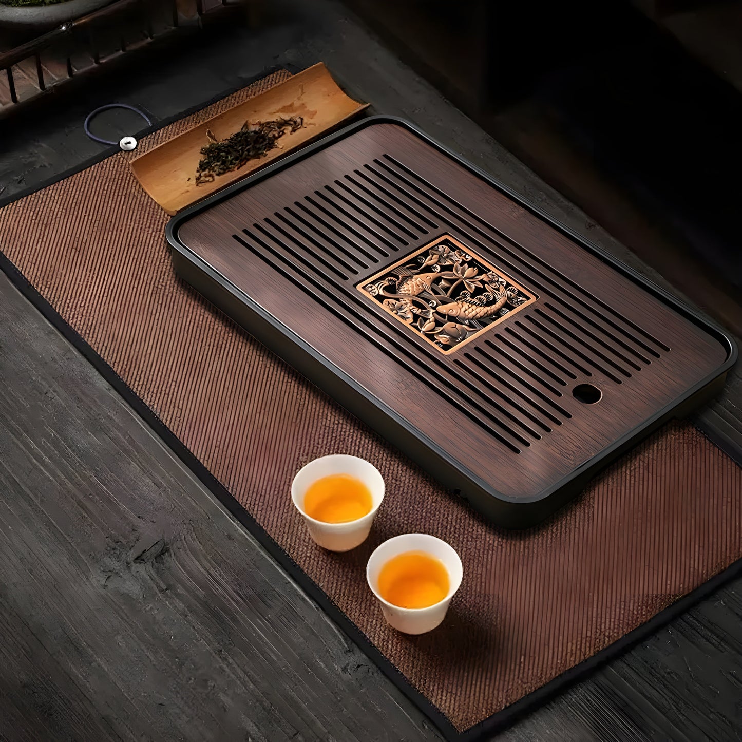 Natural Bamboo Tea Tray with Built-in Water Drain