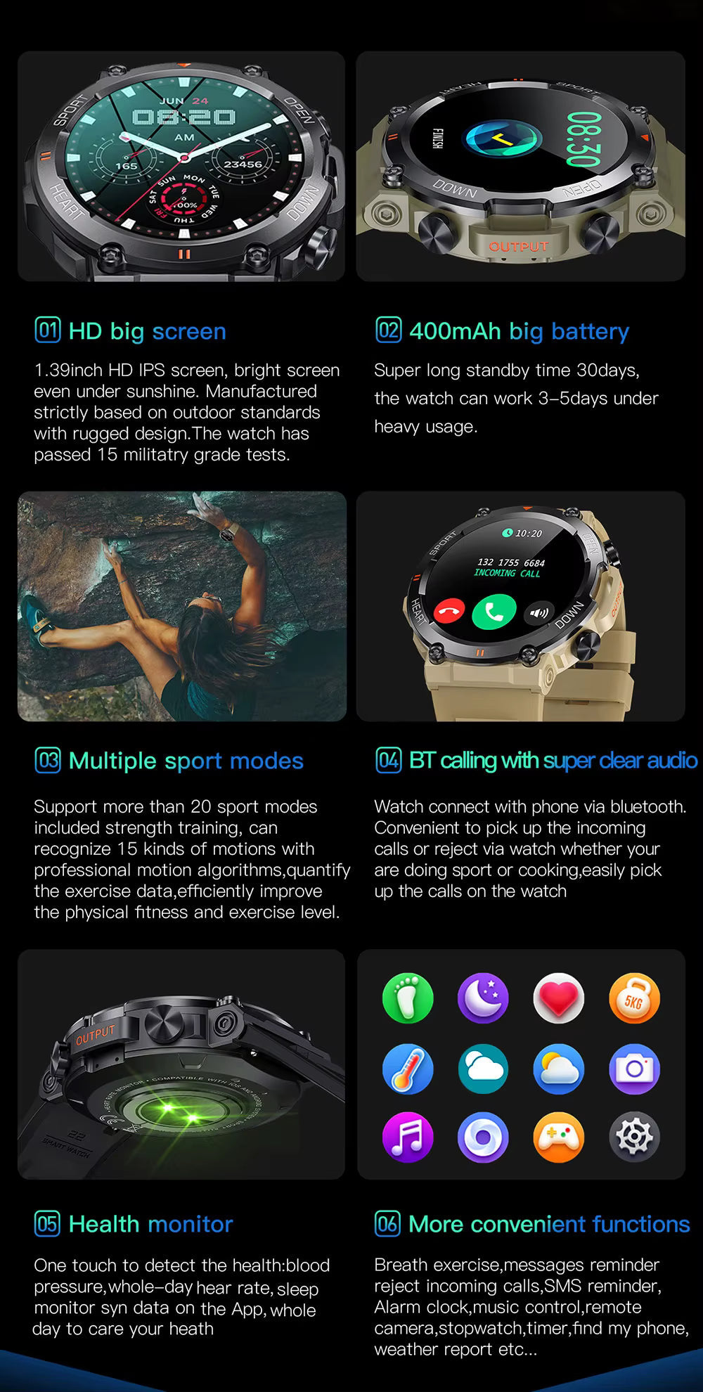 Rugged Outdoor Tactical Smartwatch with Long Battery Life