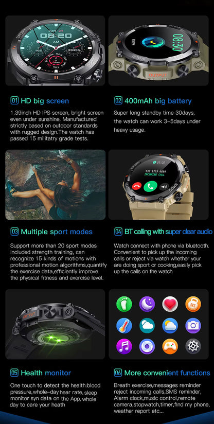 Rugged Outdoor Tactical Smartwatch with Long Battery Life