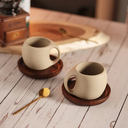 Traditional Asian Style Ceramic Coffee Mug Set With Wood Saucer
