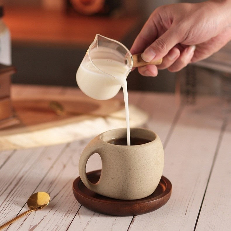 Traditional Asian Style Ceramic Coffee Mug Set With Wood Saucer
