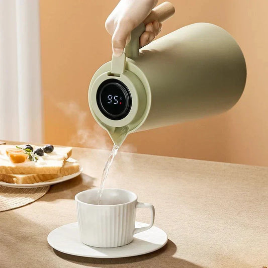 Insulated Thermal Jug With Temperature Display And Wood Grip - Lusomart