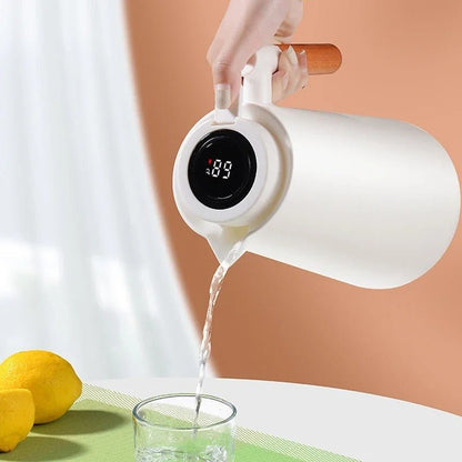 Insulated Thermal Jug With Temperature Display And Wood Grip