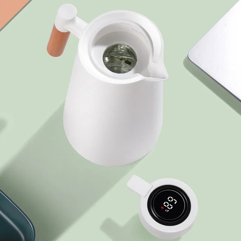 Insulated Thermal Jug With Temperature Display And Wood Grip