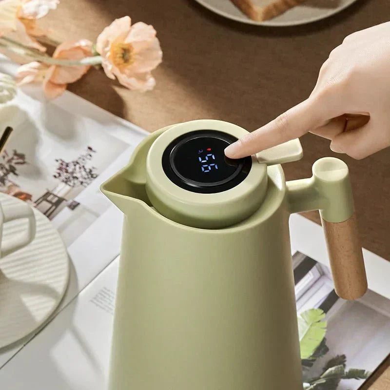 Insulated Thermal Jug With Temperature Display And Wood Grip