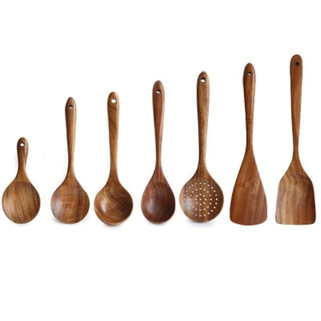 Soft Touch Wood Kitchen Utensil Set for Nonstick Cookware