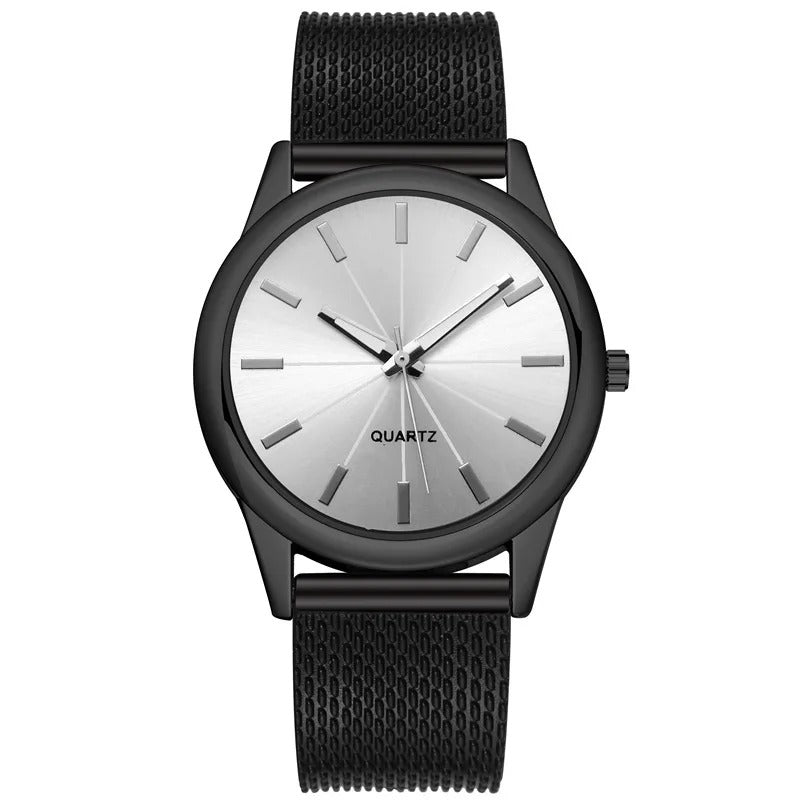 Sleek Black Leather Mens Watch with Metal Strap