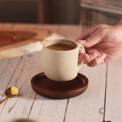 Traditional Asian Style Ceramic Coffee Mug Set With Wood Saucer