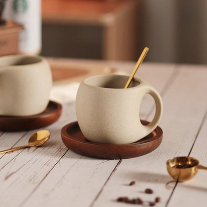 Traditional Asian Style Ceramic Coffee Mug Set With Wood Saucer