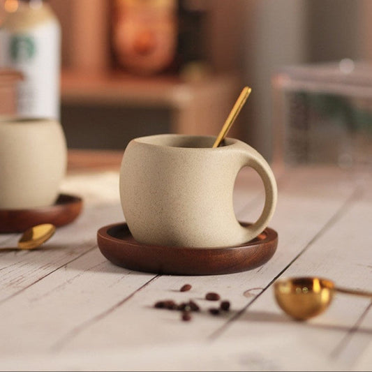 Traditional Asian Style Ceramic Coffee Mug Set With Wood Saucer - Lusomart